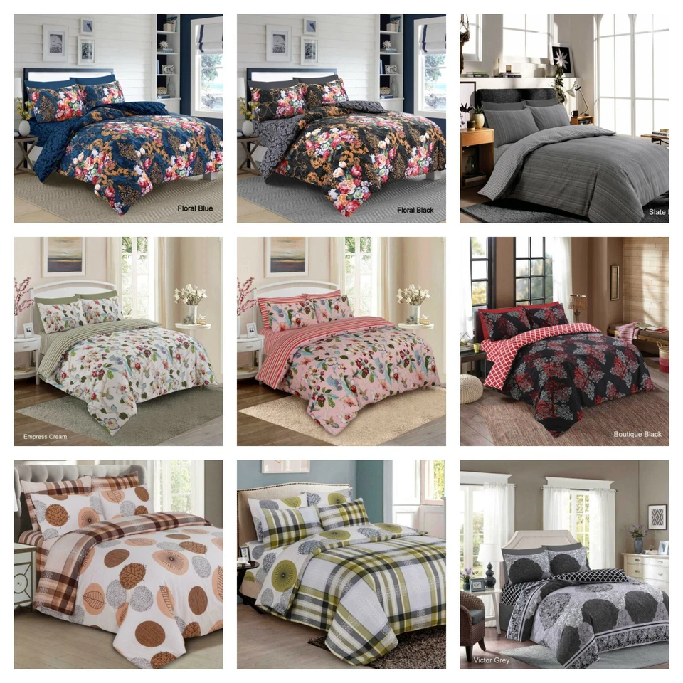 D & T FURNISHING 100% Cotton-Rich Printed Duvet Cover Bedding Set With Pillowcases + Fitted Sheet