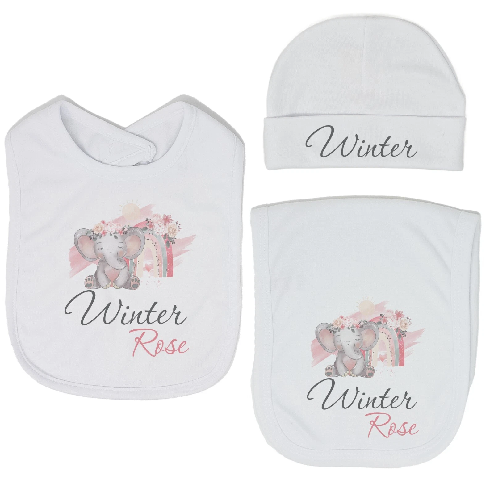Baby Girl Personalized Custom Boho Elephant Bib and Burp Cloth Set VS2
Opens in a new window or tab