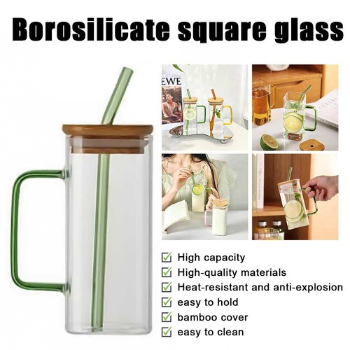 Square Glass Cup With Wooden Cover Colored Handle High Borosilicate