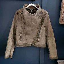 NWOT Free People Collapsing Twill Raw Edge Zip Snap Button Military Jacket