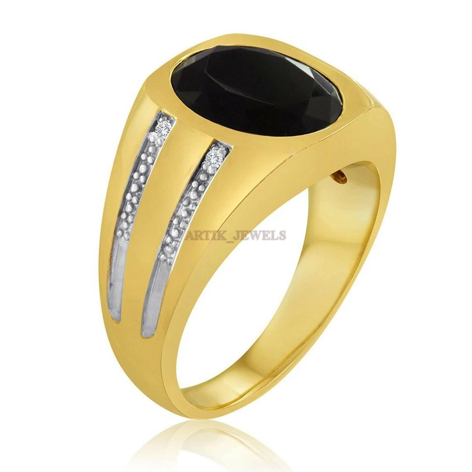 Anillo De Plata Esterlina 925 Baño De Oro Con Piedra Preciosa Ónix Negro #1261 - Imagen 4 de 4