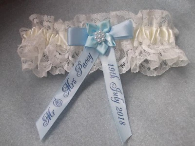 HANDMADE PERSONALISED BLUE AND IVORY WEDDING GARTER PLUS SIZE LARGE