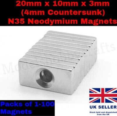 20mm x 10mm x 3mm Countersunk Hole 4mm Neodymium Rectangle Magnets Strong Block