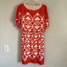 Eliza J Dress Women 6 Orange White Geometric Blouson Elastic Waist Lined Casual