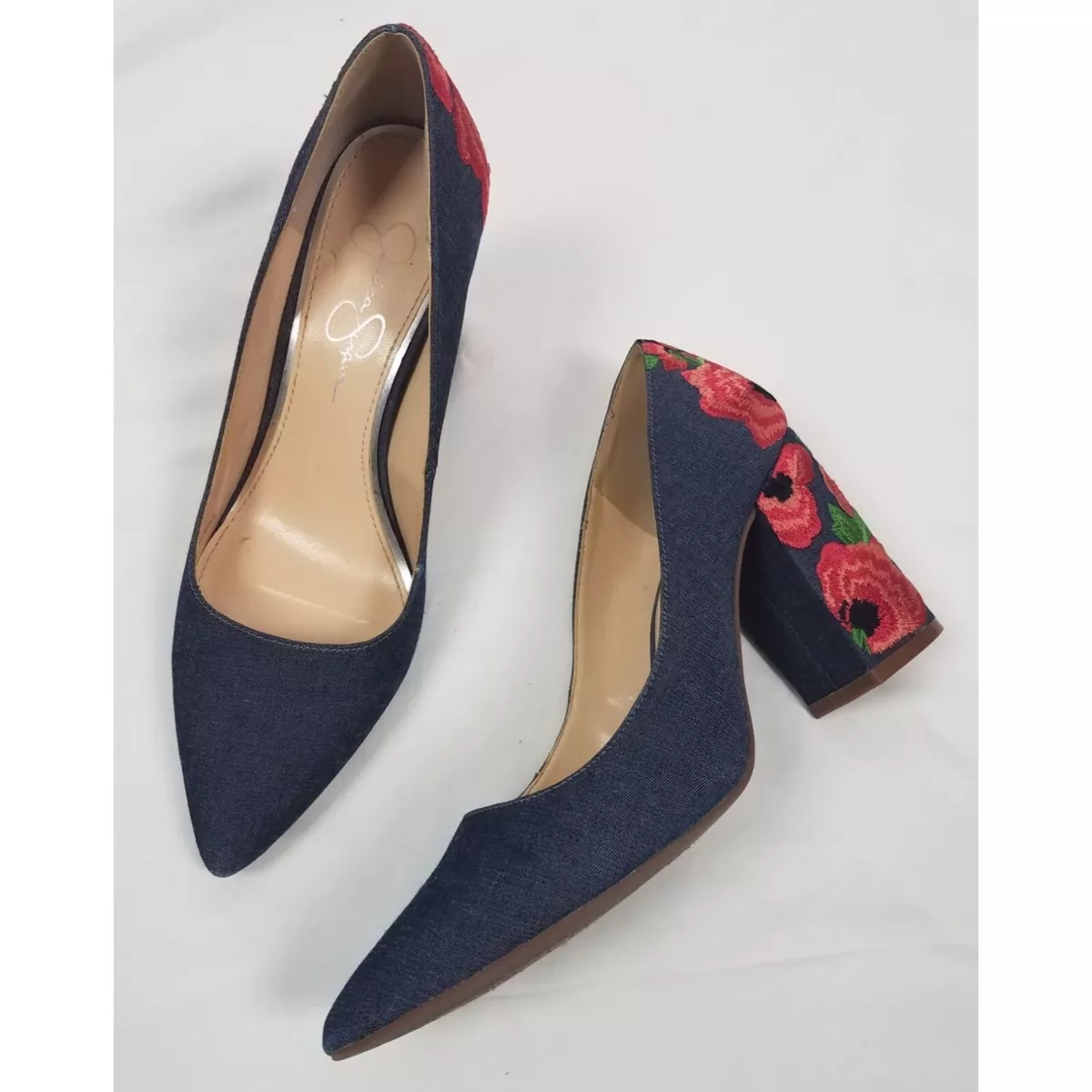 Jessica Simpson Women s Sz. 7.5 Lannah Chambray Floral Embroidered Block Heels