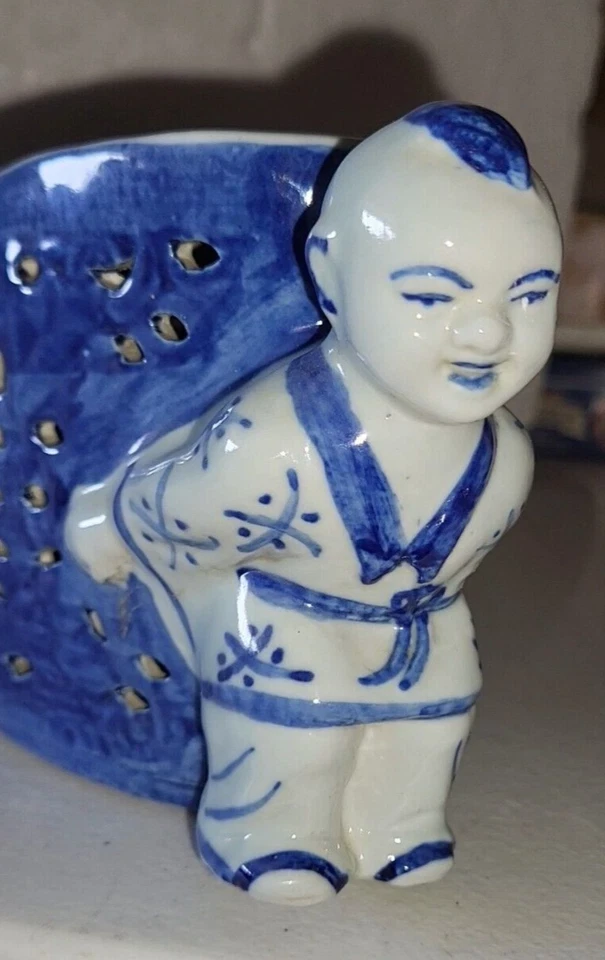 Antiguo reposacabezas de porcelana PAT chino opio azul blanco niño/niña dragón fénix Foto 4 de 4