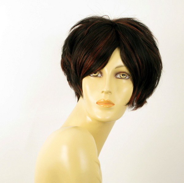 Perruque courte cheveux naturels AMANDINE 1b410 coupe au carré méché noir et rouge
