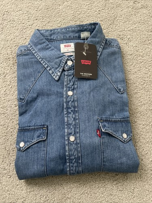 #ad Levi’s Mens XL Long Sleeve Pearl Snap The Western Denim Medium Wash Blue $30.00