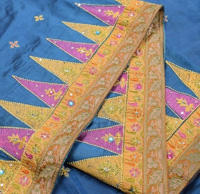 Sushila Vintage Teal Blue Saree Pure Silk Floral Embroidered Temple Border Sari