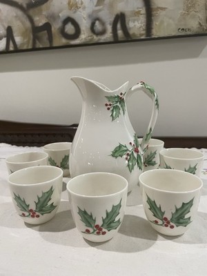 MCM 50 s Edward Marshall Boehm Holly Berry Eggnog Set Pitcher & 8 Cups EUC
