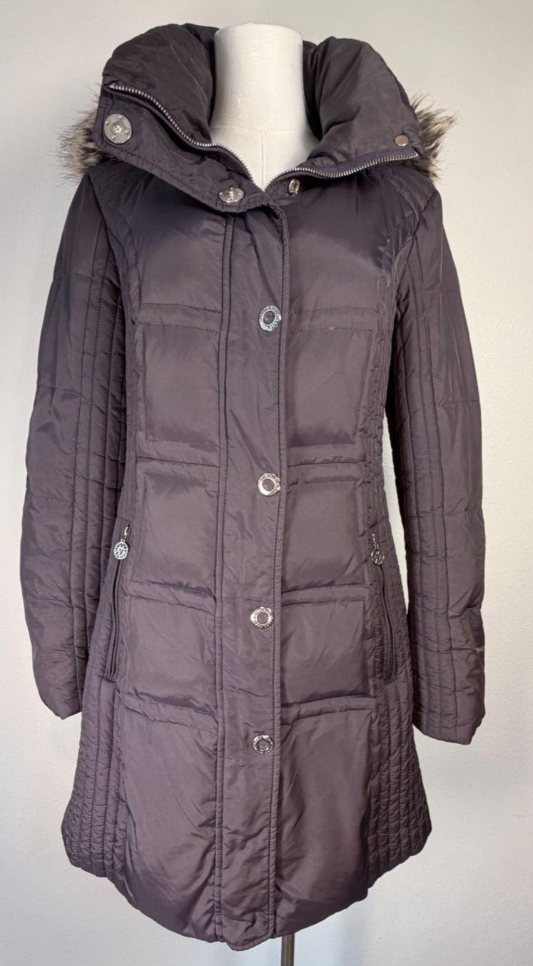 Anne Klein Down Puffer Coat Women’s S Long Hooded Faux Fur Gray Quilted