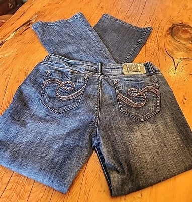 Grace In LA Medium Wash Flare Leg Denim Jeans Embellished BLING  Wms 32×31
