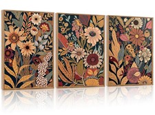 Vintage Flowers Framed Canvas Wall Art Set Of 3, Rustic Bohemian Nature Wall ...