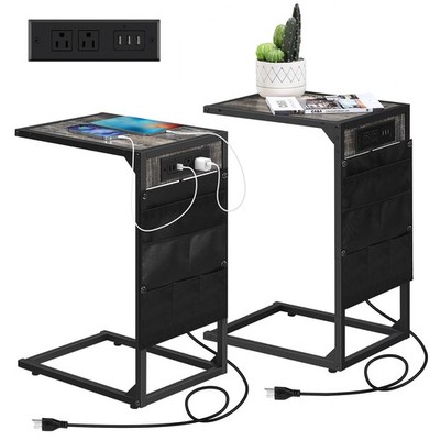 TV Tray Set of 2 C Shaped End Table with Charging Station Storage Bag Side Table