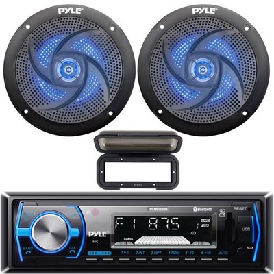 Pyle Marine Receiver, Cover, 2x 4'' 100W Blue Flashing LED Boat Audio Speakers