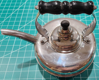 Simplex Tea Kettle England Chrome over Solid Copper  Wood Handle Used  8w6
