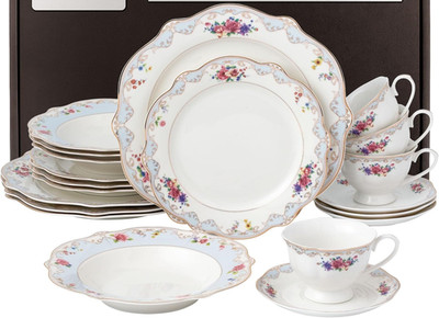 20-Piece Romantic Blooms  Bone China Scalloped Golden Rims Dinnerware Set for 4