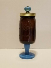 Wide Mouth Amber Quart Ball Mason Jar On Blue Base W/ Blue Knob On Lid