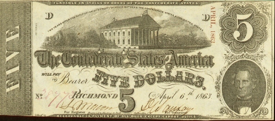 T-60 $5 1863 Confederate States Banknote Civil War Confederacy Money PMG ChAU 58 - Image 3 of 4