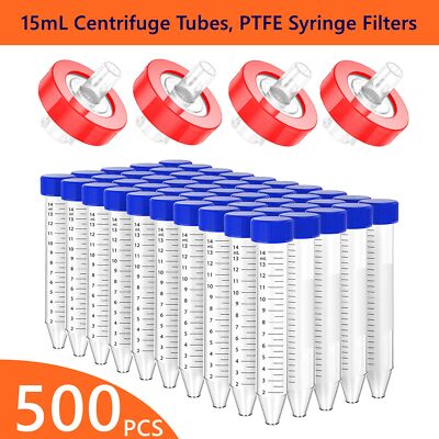 500PCS 15mL Centrifuge Test Tubes+ PTFE Syringe Filters 0.22μm/0.45μm 13mm/25mm