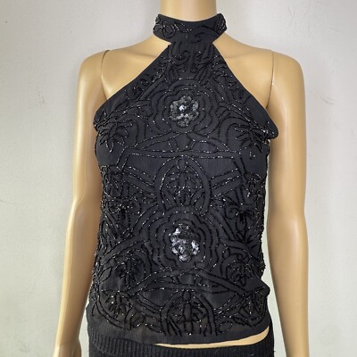 RAGA Into the Night Black Beaded Embellished Halter Top Whimsyhoth Fairy Y2K S