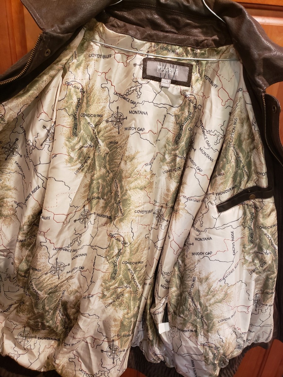 Rare Wilsons Leather Jacket Mens 3XLT Brown Montana Map Liner Roam
