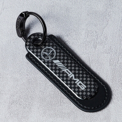 Real Carbon Fiber+Black Leather Keychain Key Fob Key Ring for AMG
