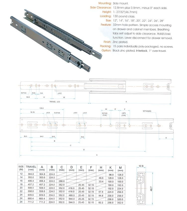 28 in Full Extension 1" Overtravel 130-lb Drawer Slides (7 Pair)