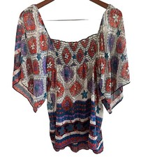 XXI Dress Womens Large Boho Peasant Red White Blue All Over Print Mini