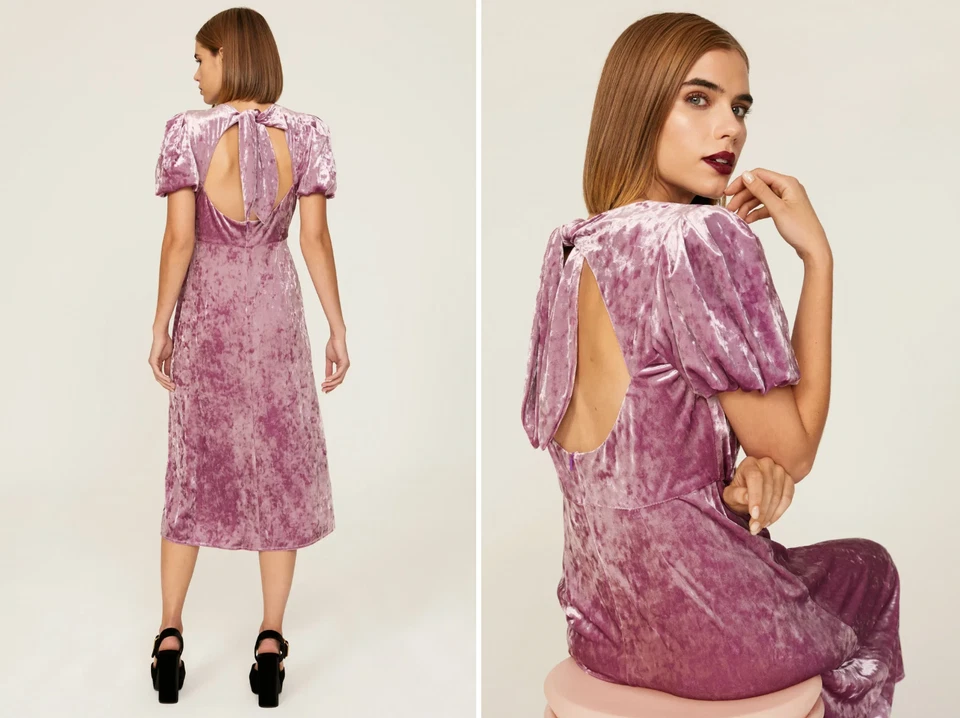 Vestido Donna Morgan Rosa Malva Terciopelo Atado Espalda Midi Corte Manga Abullonada Talla 8 Foto 2 de 4