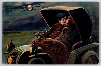 PFB~Romantic Couple Share Kiss By Moonlight~Vintage Auto~Lap Robe~Emboss~#5999