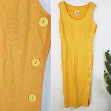 Vintage Sake 100% Linen Midi Dress Yellow Sleeveless Women's size 12 Buttons