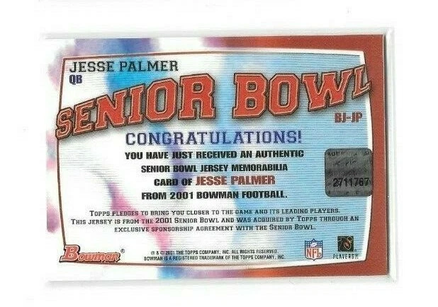 JESSE PALMER 2001 BOWMAN SENIOR BOWL GAME WORN JERSEY ROOKIE CARD FREE SHIPPING - Image 2 of 2