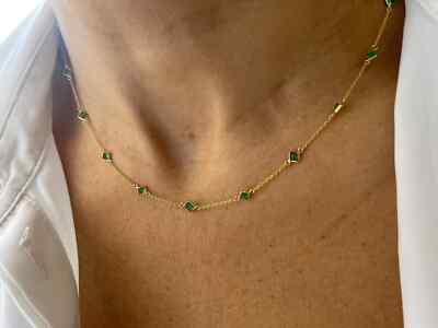 FLASH DEAL Princess Cut Natural Emerald Women's Wedding Necklace 14K Yellow Gold