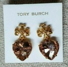 Tory Burch CARVED KIRA Big  1.4" HEART DROP EARRINGS Gold/Pale Pink (New) — photo 1