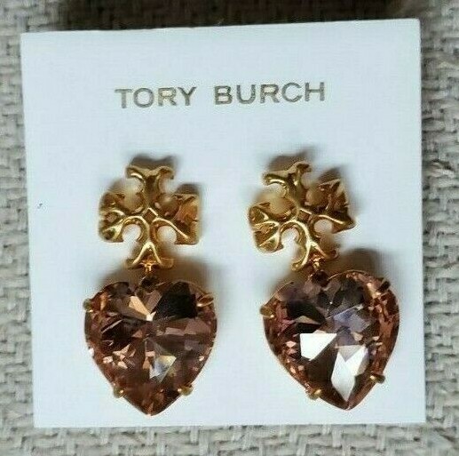 Tory Burch CARVED KIRA Big  1.4" HEART DROP EARRINGS Gold/Pale Pink (New)