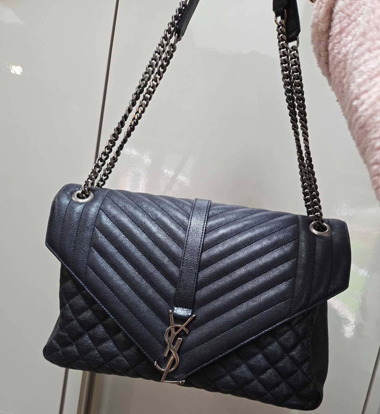 BORSA MESSENGER YSL YVES SAINT LAURENT GRANDE BLU NAVY IMBOTTITA BUSTA IN PELLE