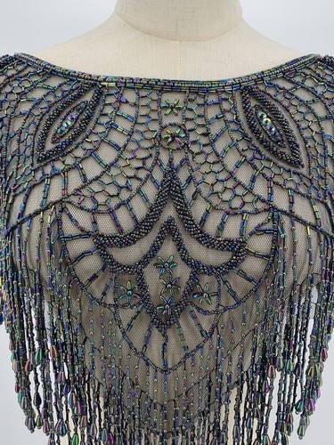 Vintage Silver Beaded Collar Shawl Sheer Lace Wrap Hanging Necklace Victorian - Picture 7 of 9