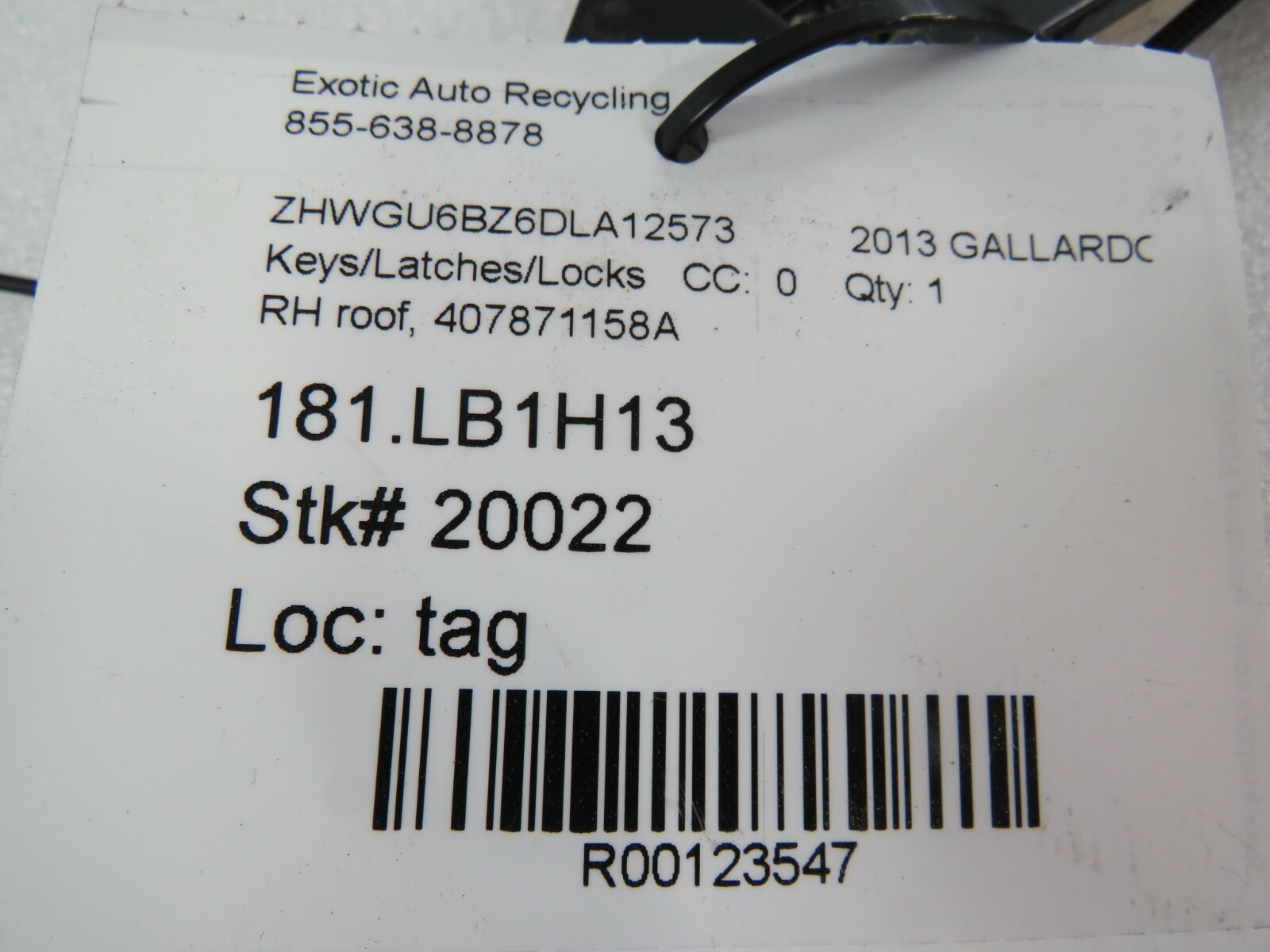 Lamborghini Gallardo Spyder, RH, Right, Roof Latch, Used, P/N 407871158A
