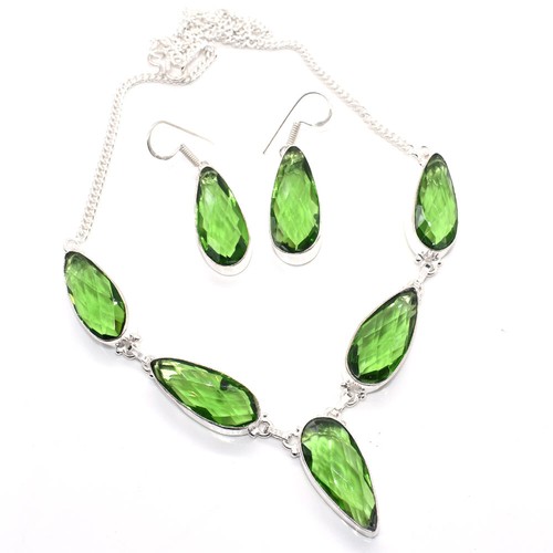 Simulated Peridot Quartz Silver Plated Necklace Earring Jewelry Set 18 To 20 k75 - Picture 5 of 8