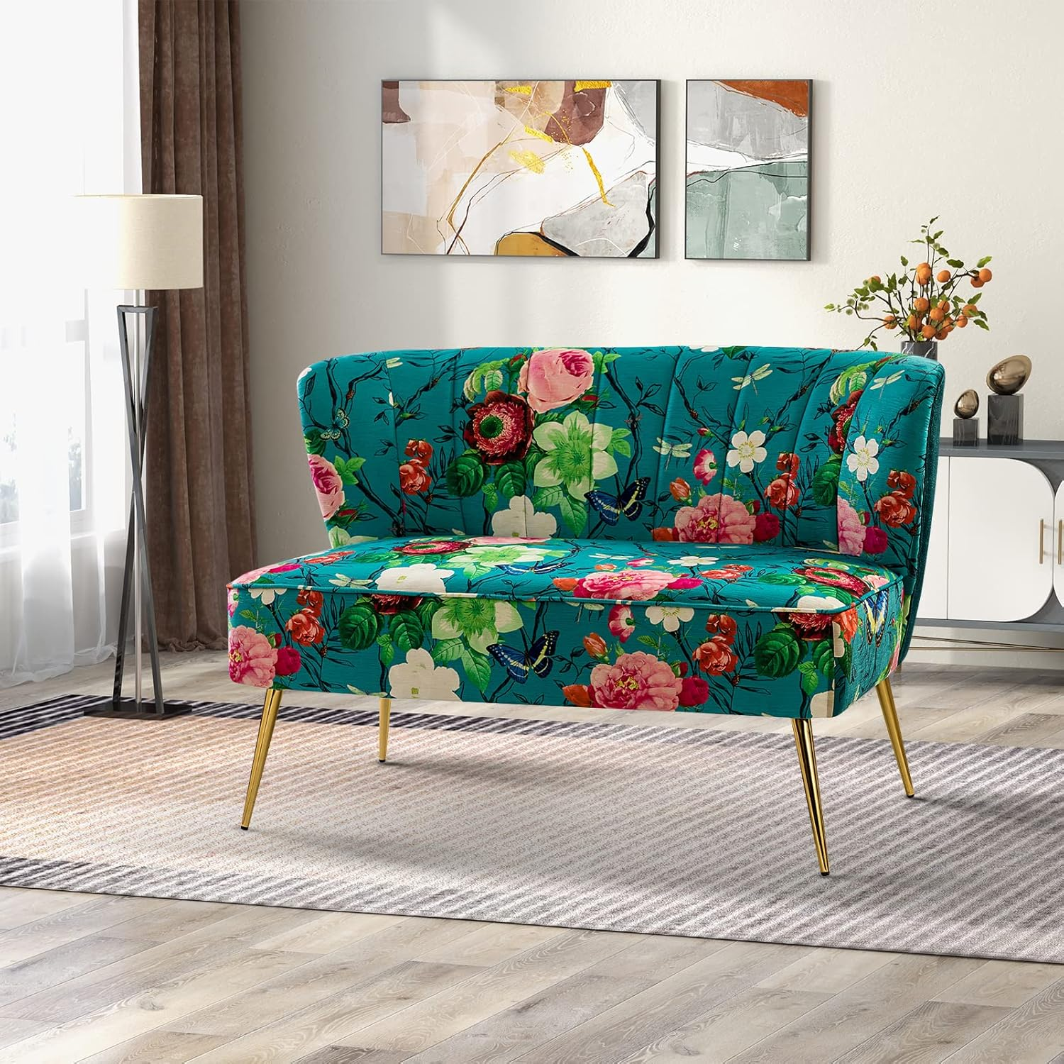 Loveseat Retro Floral 2 Seater Sofa Upholstered Velvet Couch Metal Legs Green