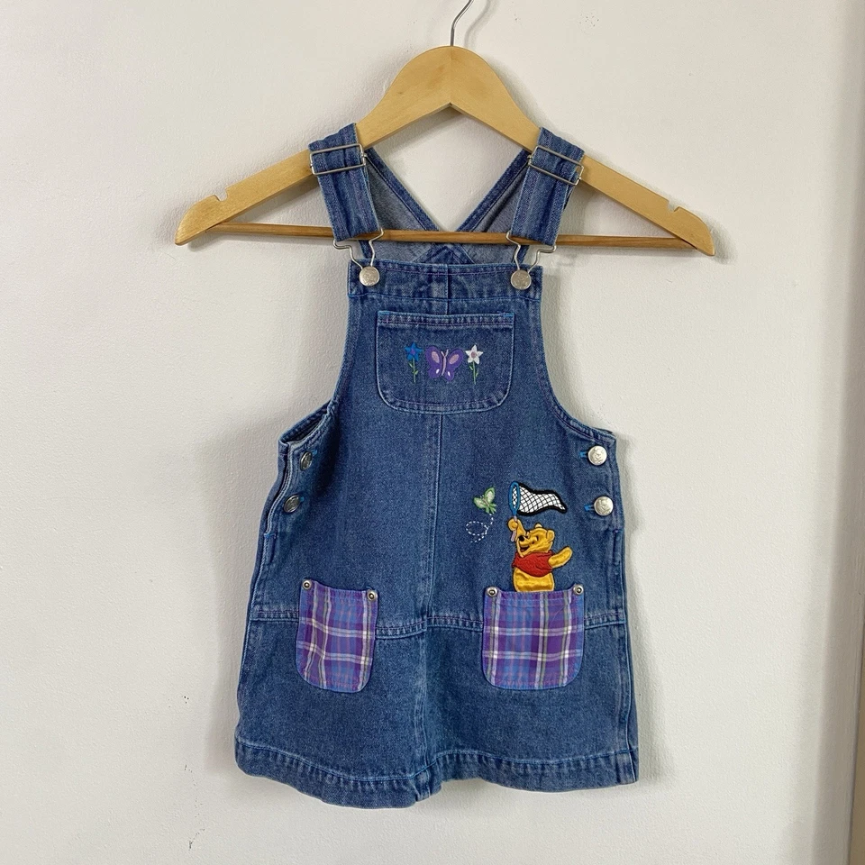 Vintage 90s Winnie The Pooh Denim Butterfly Embroidered Overall Dress 4T 5T - Image 2 of 4