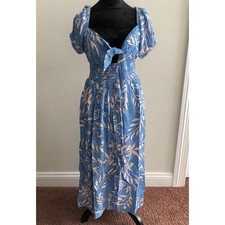 Band of the Free Blue White Floral Tie Front Smocked Maxi Dress Small Boho Slit