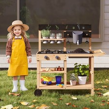 Mud Kitchen w/ Wheels Outdoor Fir Wood Play Kitchen w/Blackboard,Planting Pots