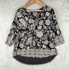 Lucky Brand Henley Blouse Womens 1X Dark Floral 3/4 Sleeve Peasant Boho Gothic