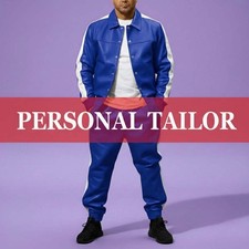 Men's 100 Genuine Soft Lambskin Leather TrackSuit Sweatsuit Royal Blue/White