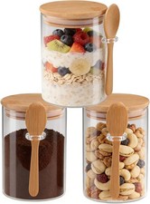 Set of 3 Airtight Glass Jars with Bamboo Lids and Spoons - 20oz Decorative