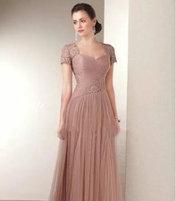 Elegant Mother of the Bride Dresses Full Length Short Sleeve Tulle Evening Gowns