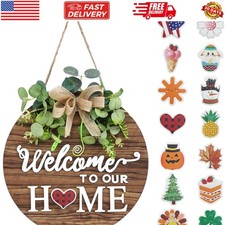 Interchangeable Seasonal Welcome Sign Front Door Decoration, Rustic Round Woo...