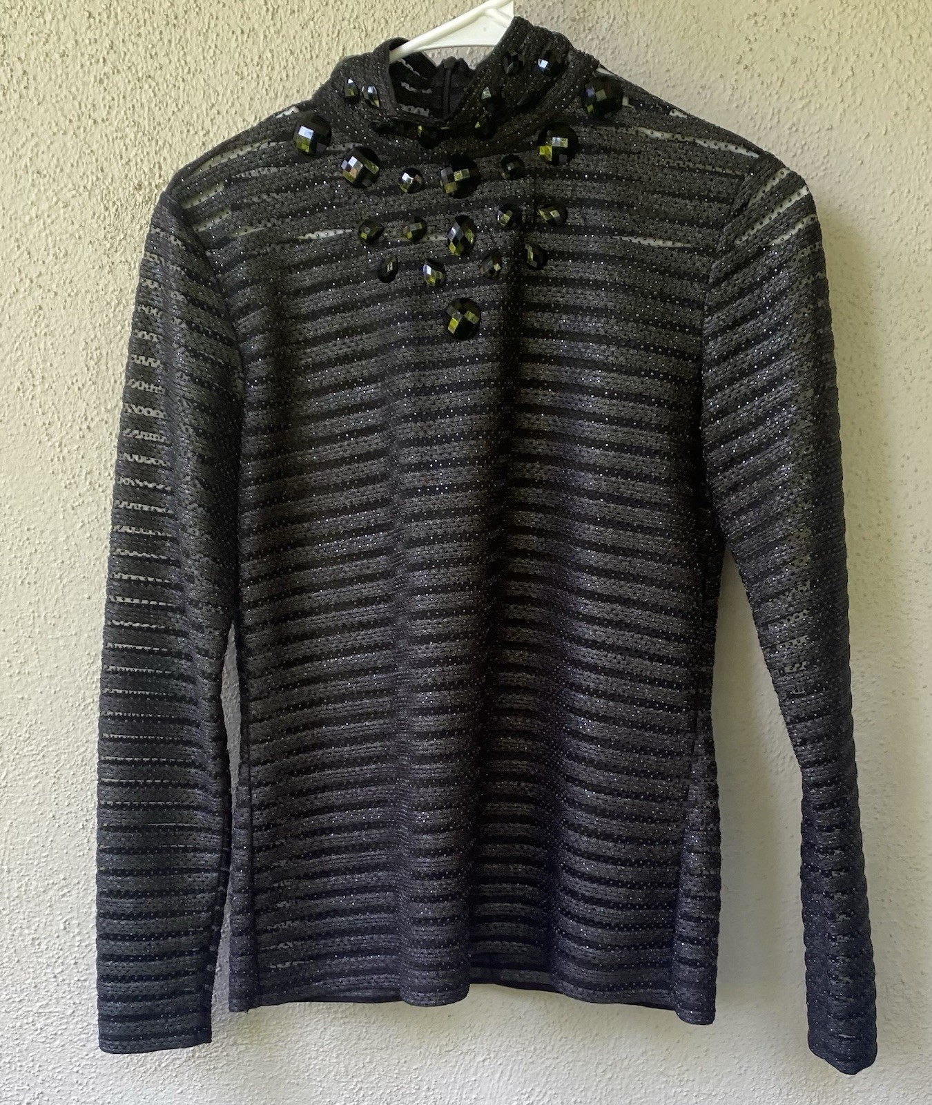 Grayse Black Beaded Sheer Mock Neck Knit Long Sleeve Blouse Women's S